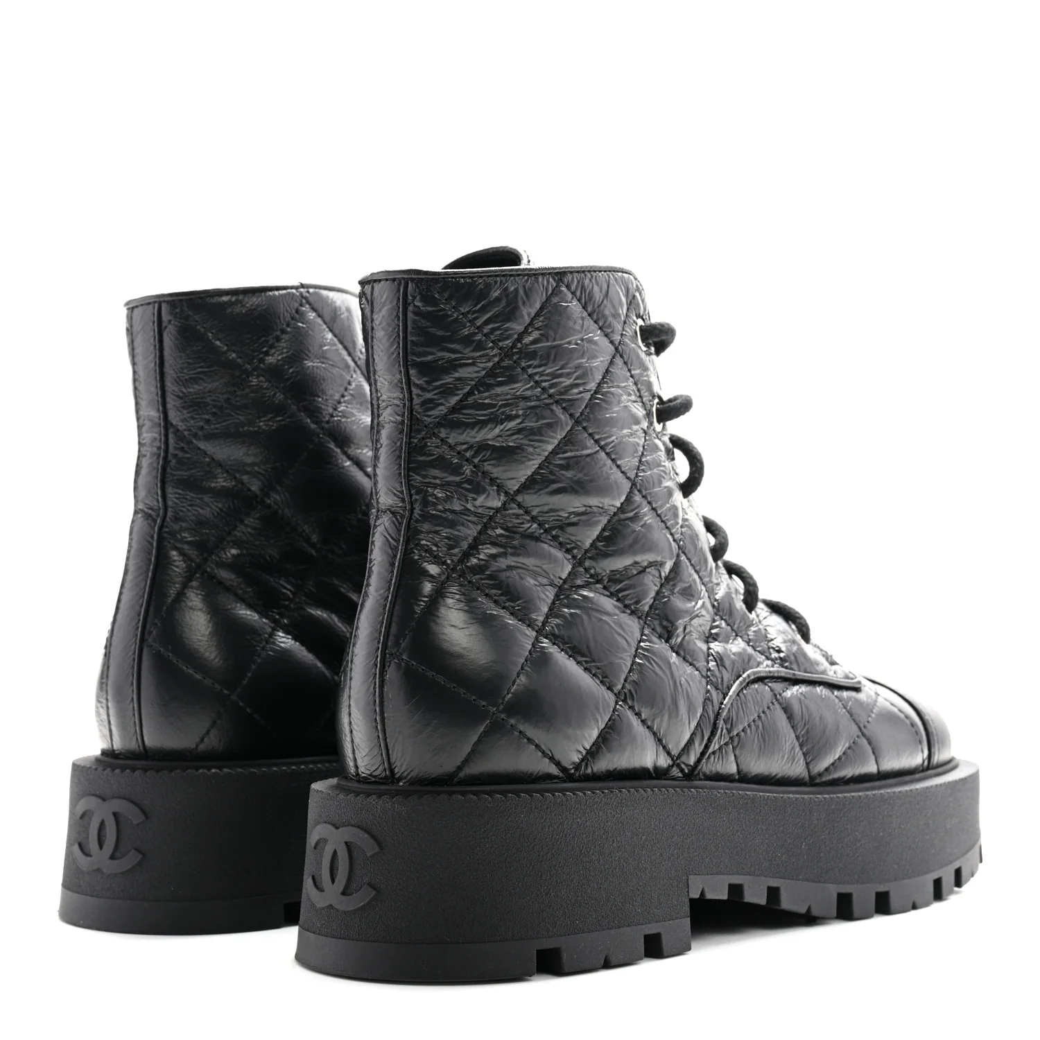 Crumpled Lambskin Quilted Platform Lace Up Combat Boots 39 Black - Top Club