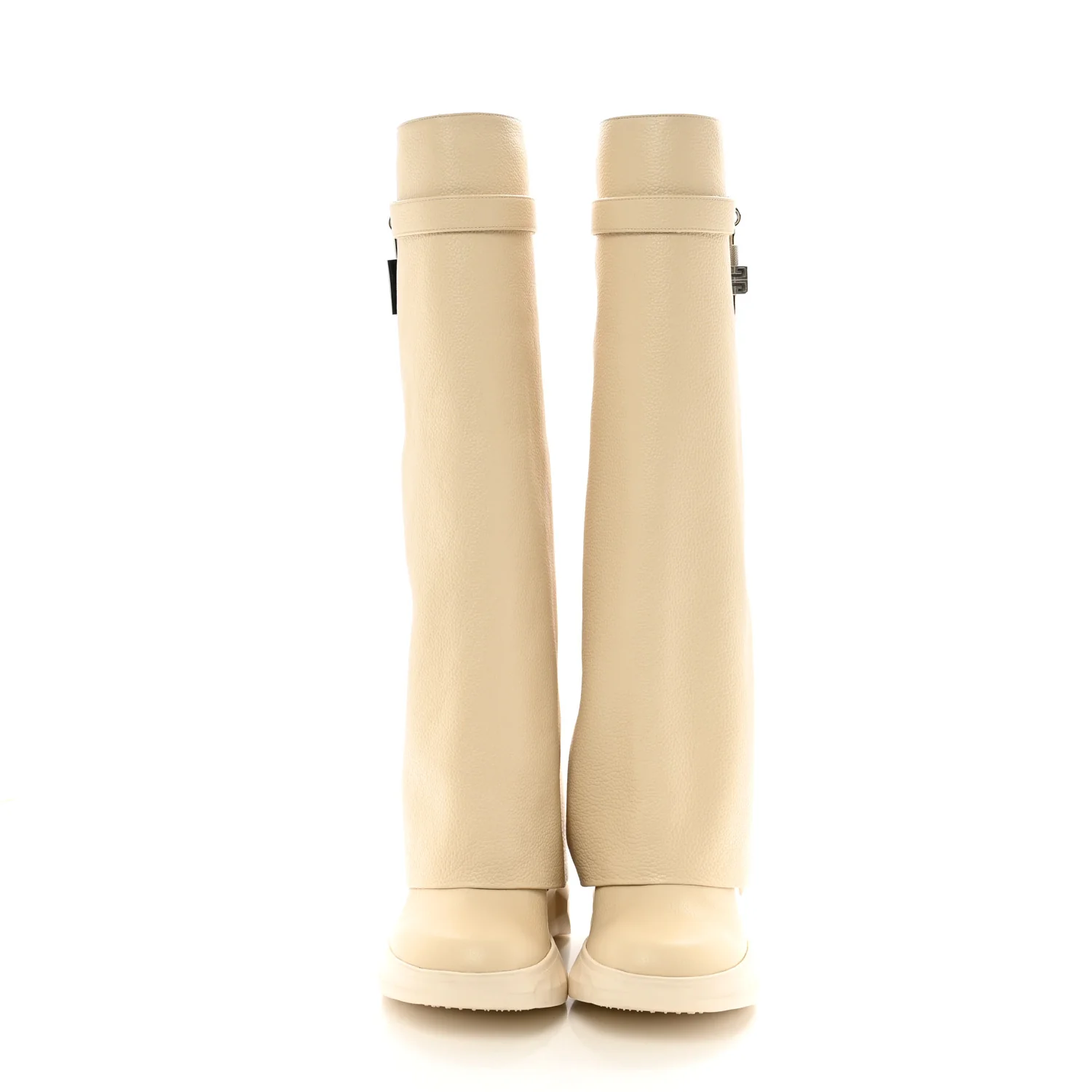Grained Calfskin Shark Lock Biker Knee Boots 40 Beige