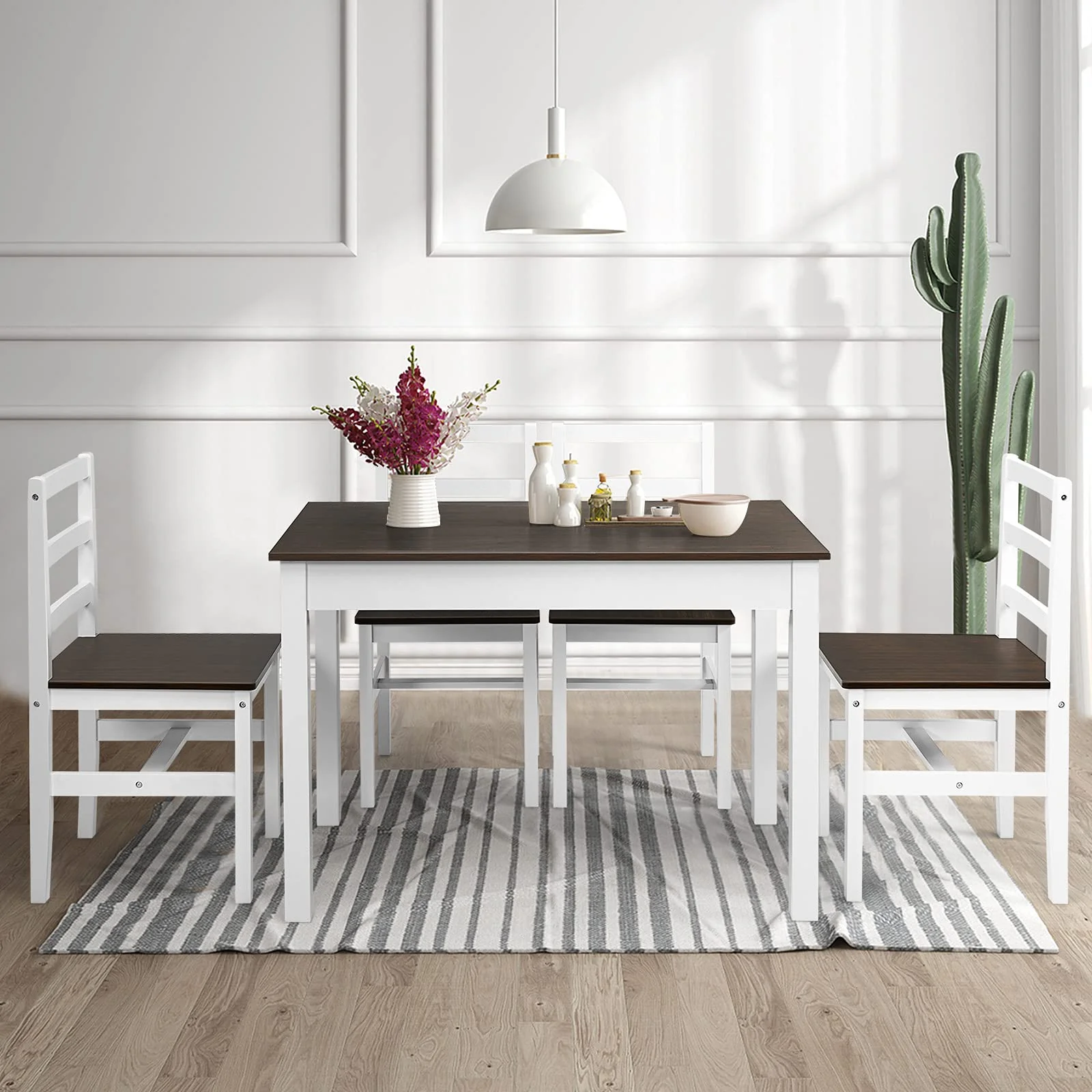 BEFOUNDLOVELY 5 Piece Dining Set of 4, Solid Wood Rectangular Table & 4 Chairs, Farmhouse Dinette Set w/Pine Wood Legs
