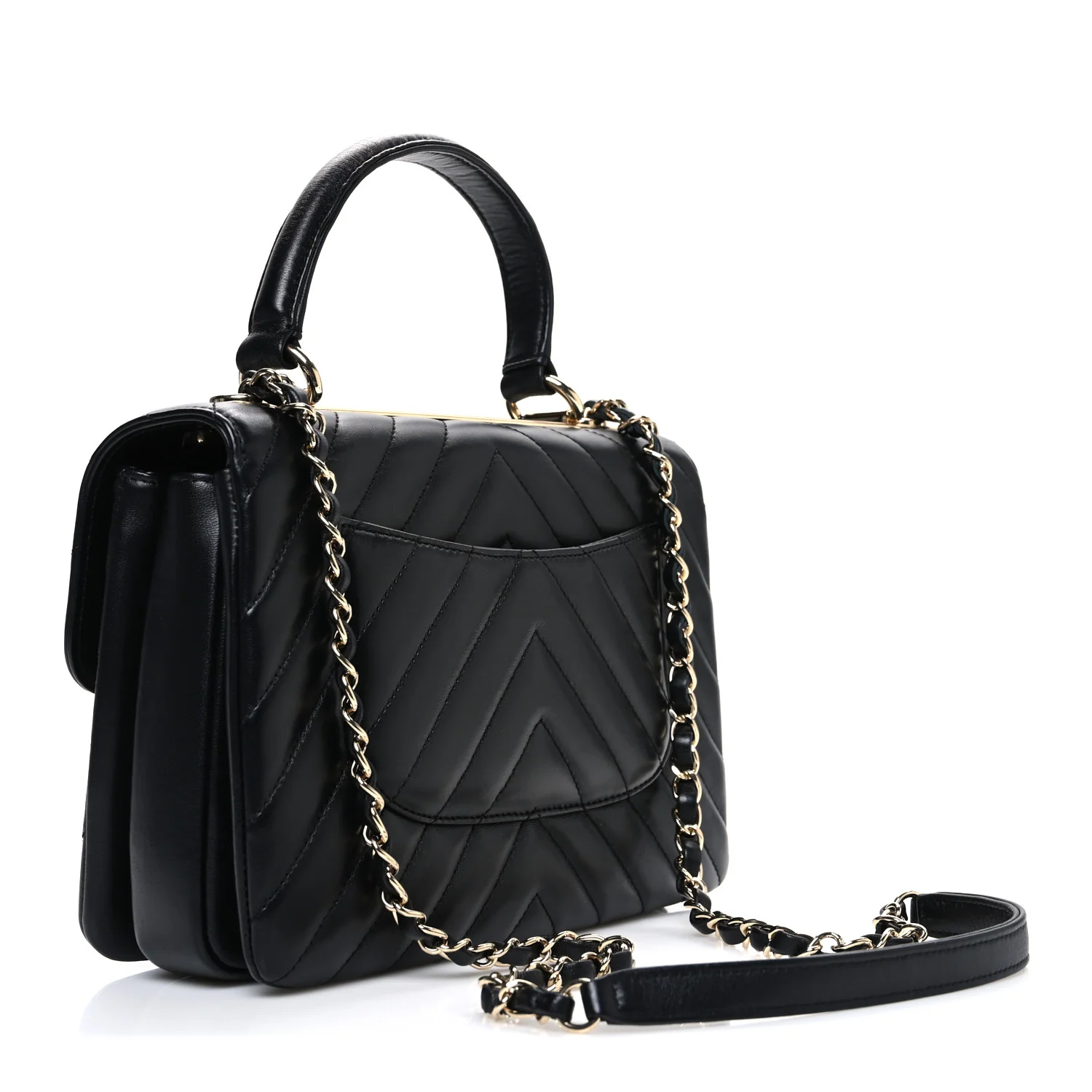 Lambskin Chevron Quilted Small Trendy CC Flap Dual Handle Bag Black - Top Club