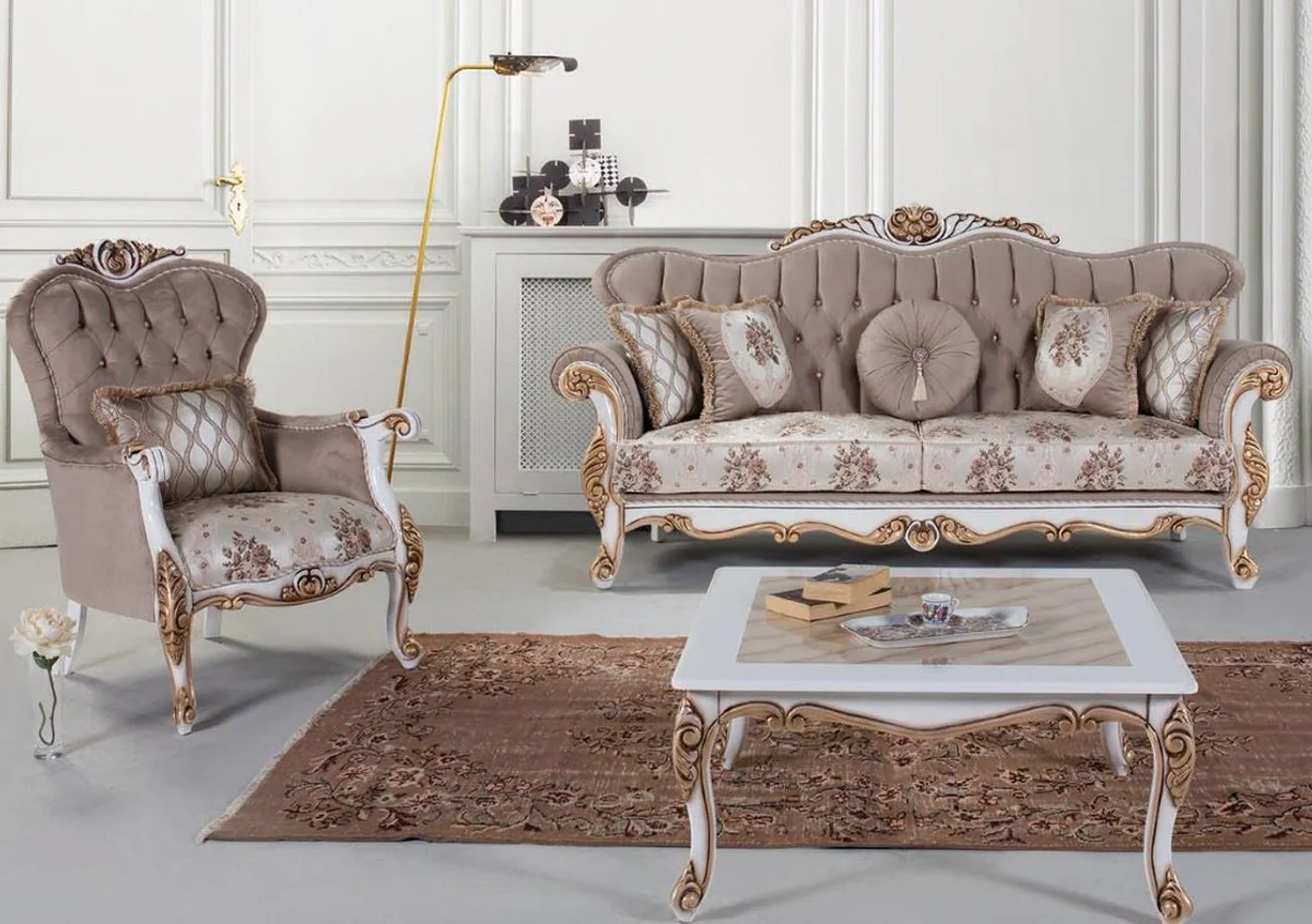 Luxury Baroque Living Room Set Gray / Multicolored / White / Bronze - 2 Sofas & 2 Armchairs & 1 Coffee Table - Living Room Furniture in Baroque Style - Noble & Magnificent