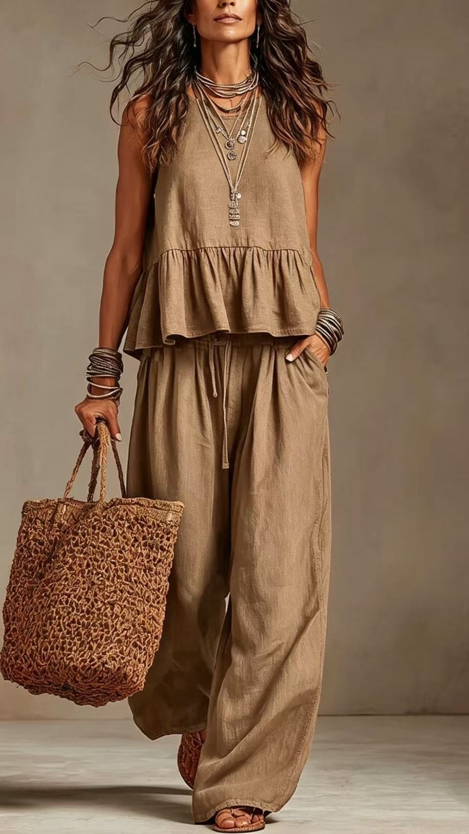 Women's Cotton-Linen Two-Piece Set: Ruffled Sleeveless Top & Wide-Leg Pants - Nordfashionstorm - Women's Clothing, Fashion for You - Nordfashionstorm.com