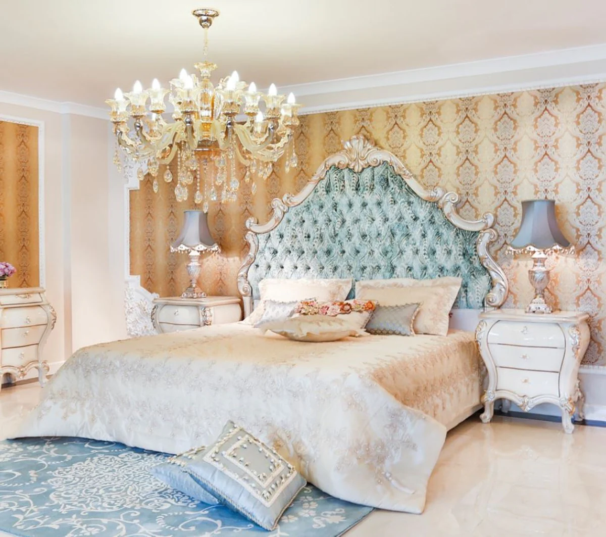 Luxury Baroque Bedroom Set Green / Cream / Gold - 1 double bed with headboard & 2 bedside tables - Baroque Bedroom Furniture - Noble & Magnificent