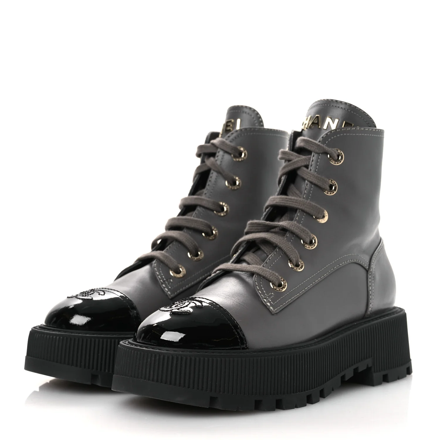 Calfskin Patent Calfskin CC Lace Up Combat Boots 36.5 Gray Black - Top Club