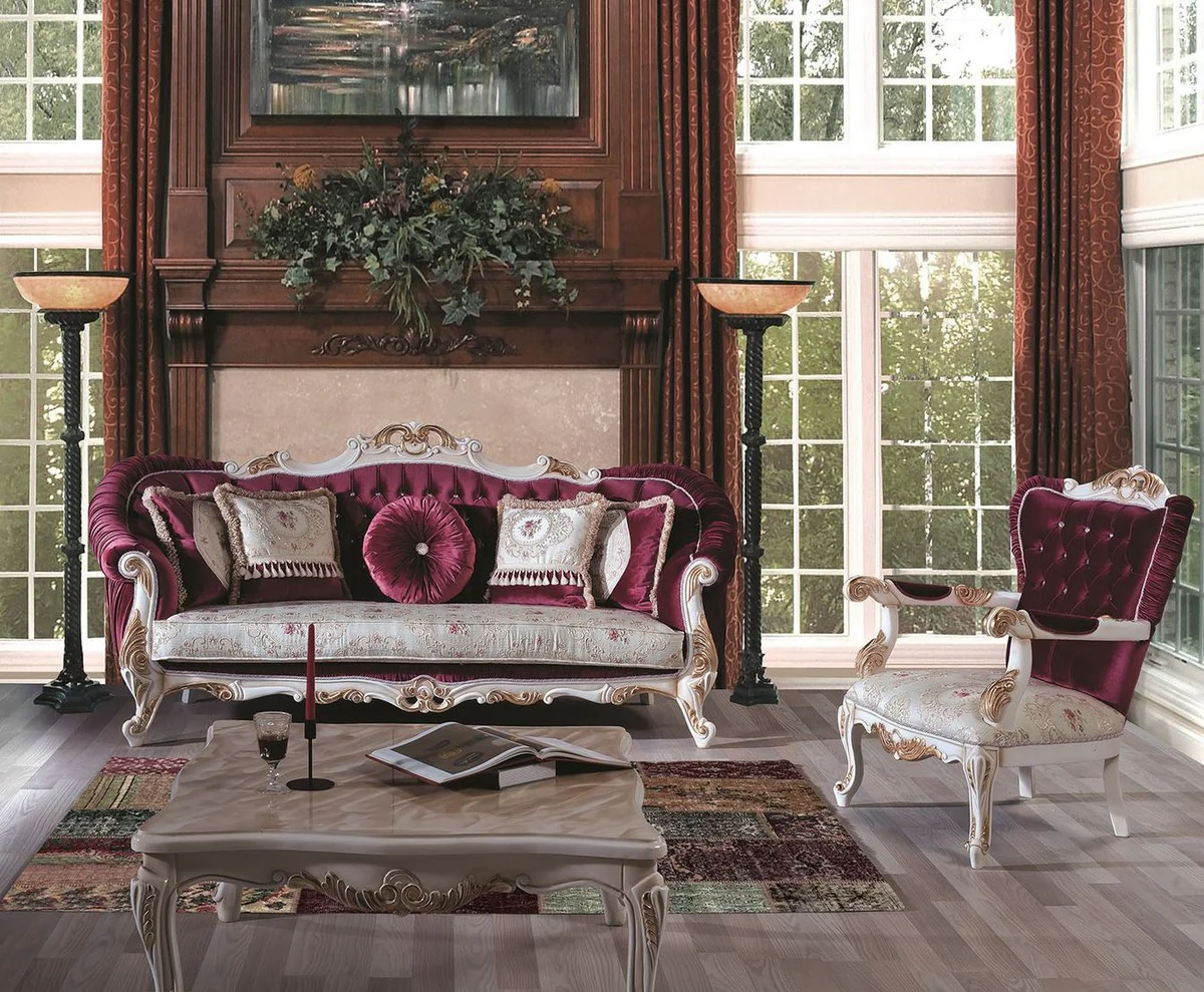 Luxury baroque living room set purple / cream / gold - 2 sofas & 2 armchairs & 1 coffee table - magnificent furniture in the baroque style
