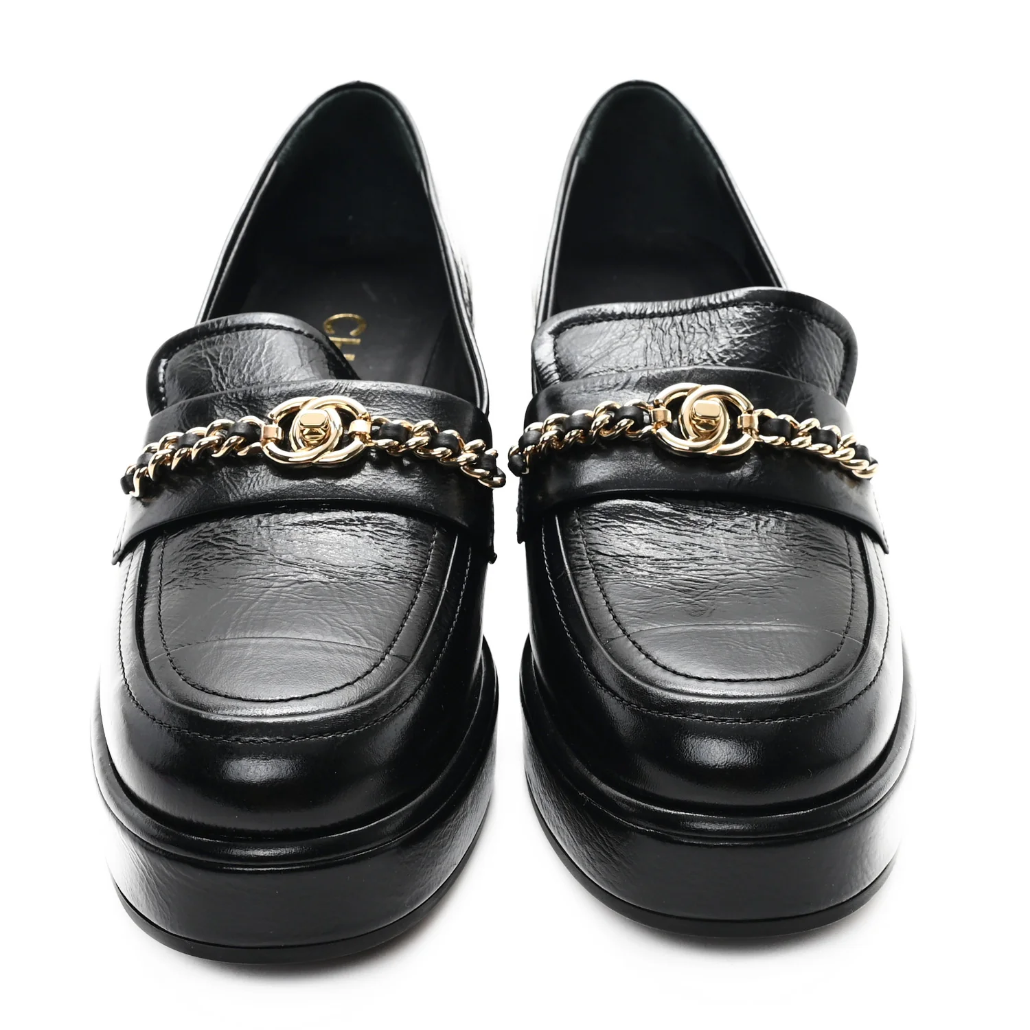 Shiny Calfskin Logo Loafers 36.5 Black - Top Club