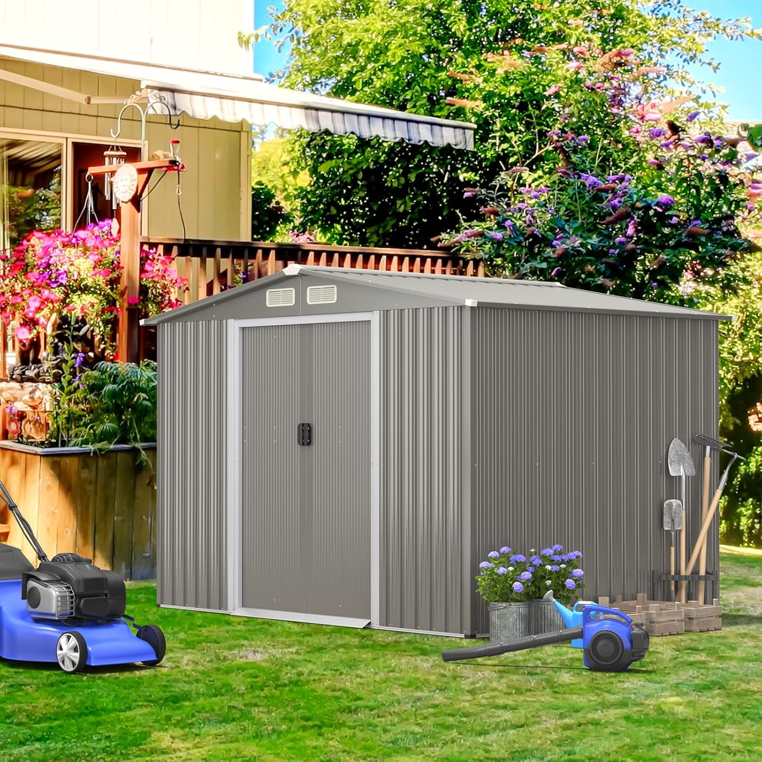 HOMASIS Casetta da Giardino in Metallo, Capannone per Attrezzi con Tetto a 2 Falde e Fondamenta, Capanno con 4 Finestre e 2 Porte Scorrevoli (Grigio chiaro, 260 x 207 x 180 cm, 9,7 m³)