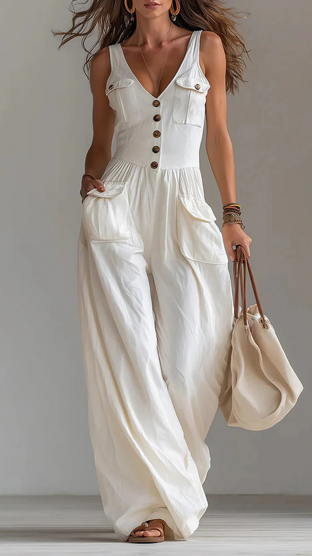 Women's Solid-Color Loose-Fit Casual Jumpsuit with Buttons and Side Pockets - Nordfashionstorm - Women's Clothing, Fashion for You - Nordfashionstorm.com