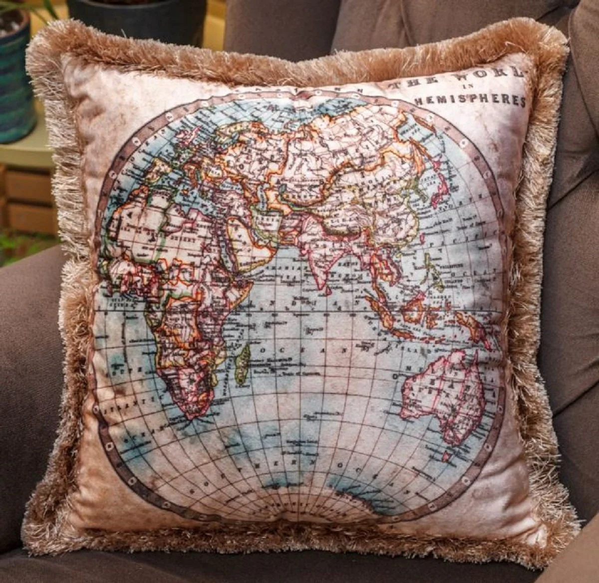 Luxury decorative cushion world globe beige / multicolored 45 x 45 cm - printed velvet cushion with fringes - luxury collection