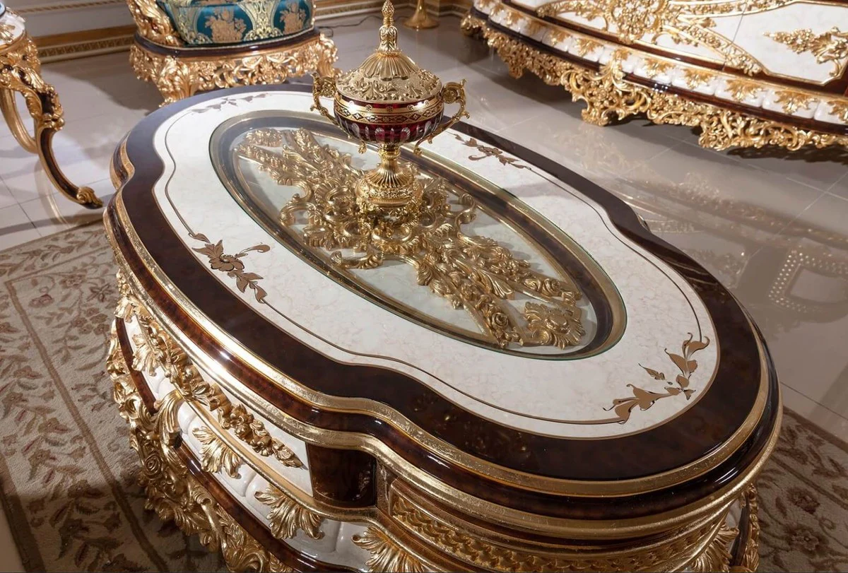 Luxury baroque coffee table white / brown / gold - magnificent solid wood living room table with glass top - baroque living room furniture - noble & magnificent