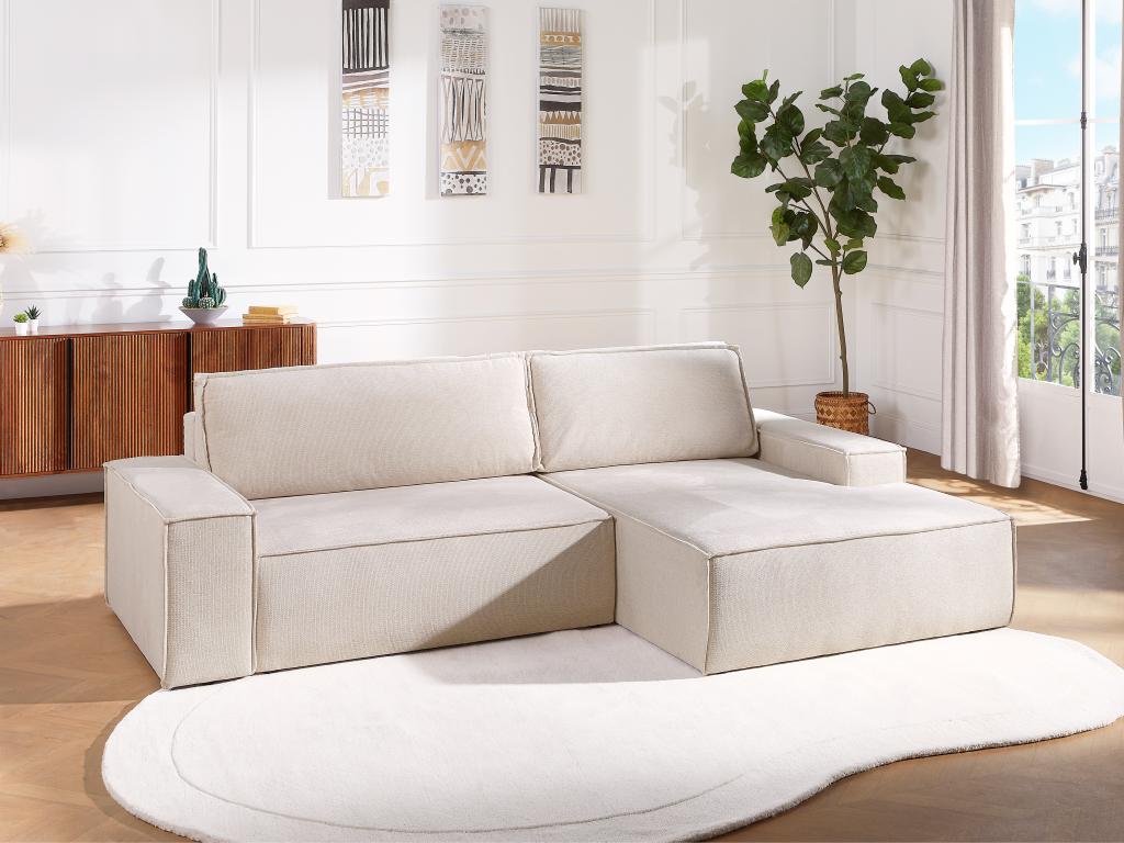 Sofá esquinero derecho convertible de tela texturizada beige