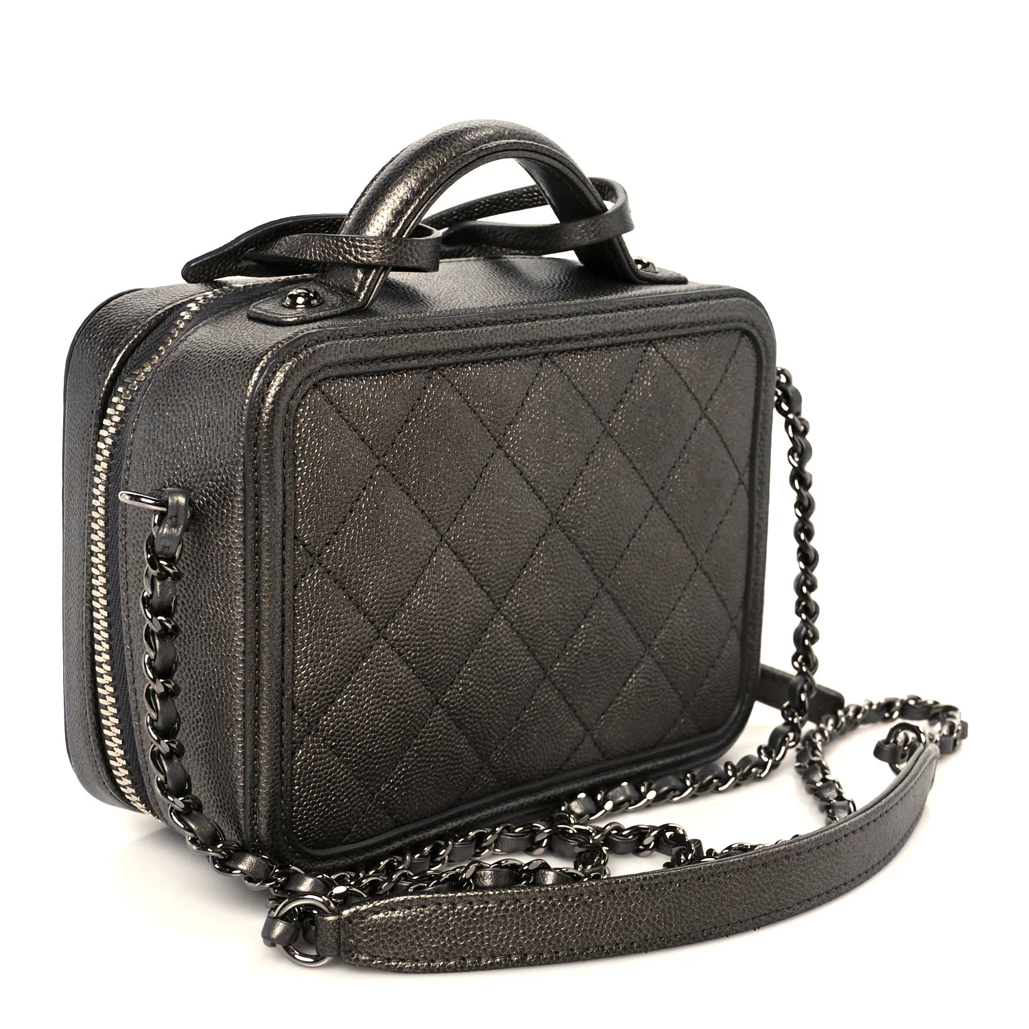 Metallic Caviar Quilted Small CC Filigree Vanity Case Dark Silver - Top Club