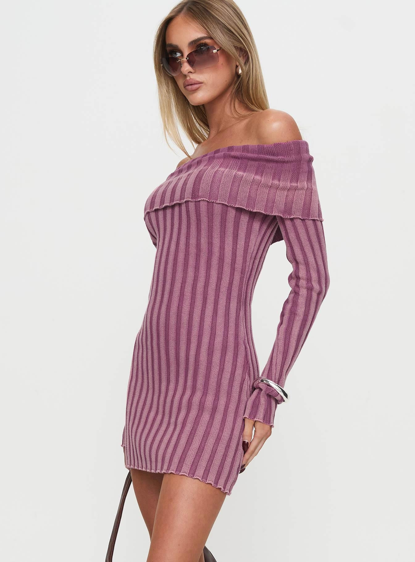 Kalesie Long Sleeve Rib Mini Dress Pink