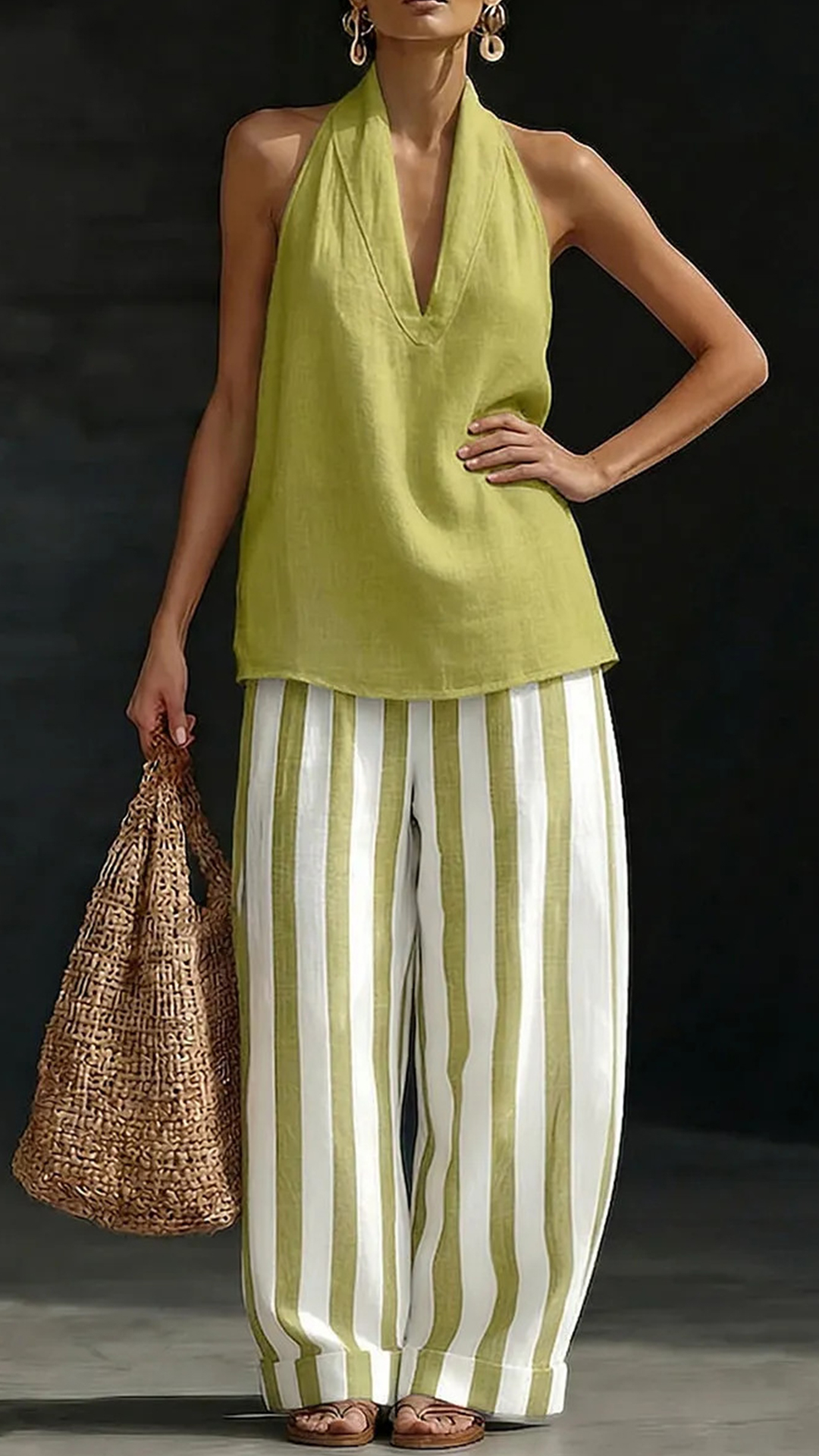 Women's Cotton Linen Halter Stripe Wide-Leg Set - Nordfashionstorm - Women's Clothing, Fashion for You - Nordfashionstorm.com