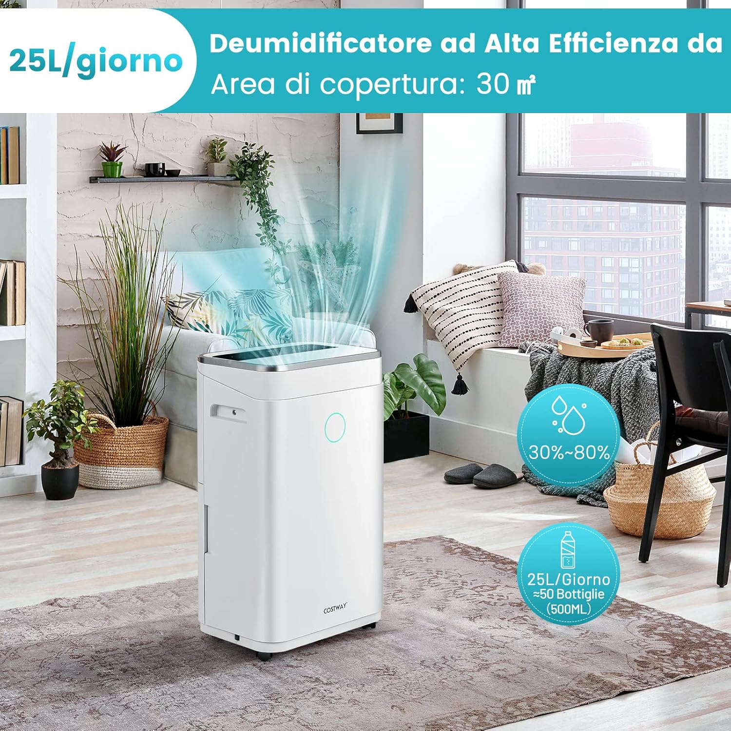 COSTWAY Deumidificatore Casa 25 L al Giorno, con Tubo di Scarico, Scarico Automatico o Manuale, Timer 24 ore, Protezione Straripamento e Serbatoio ’Acqua 6,5 L per Spazi Fino a 30 m2