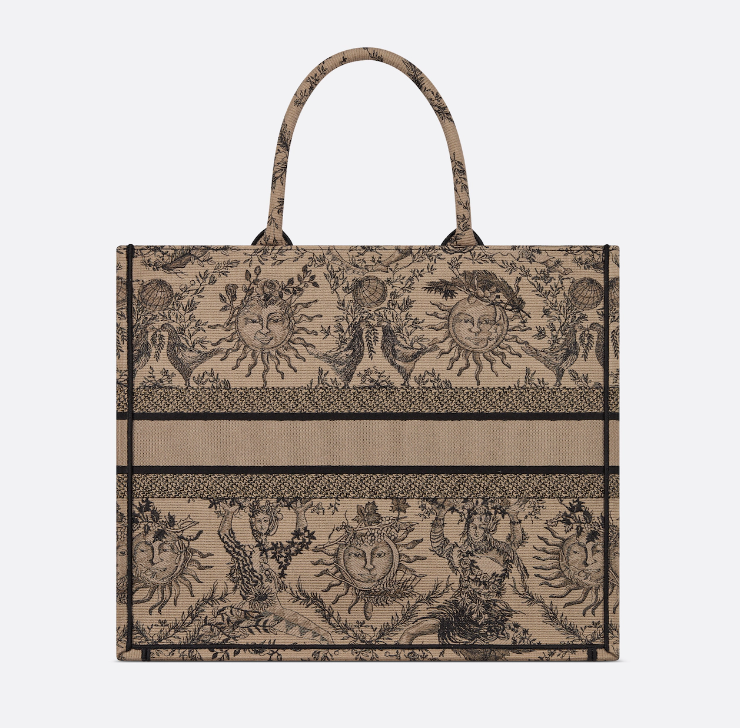 D Book Tote  Beige and Black Toile de Jouy Soleil Embroidery - Top Club