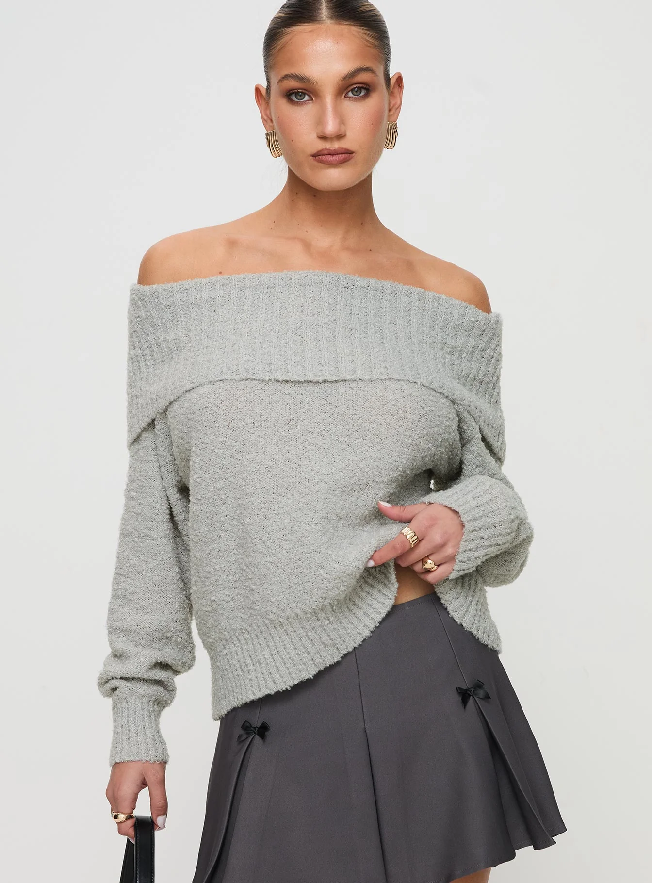Parkley Boucle Off The Shoulder Sweater Grey Marle