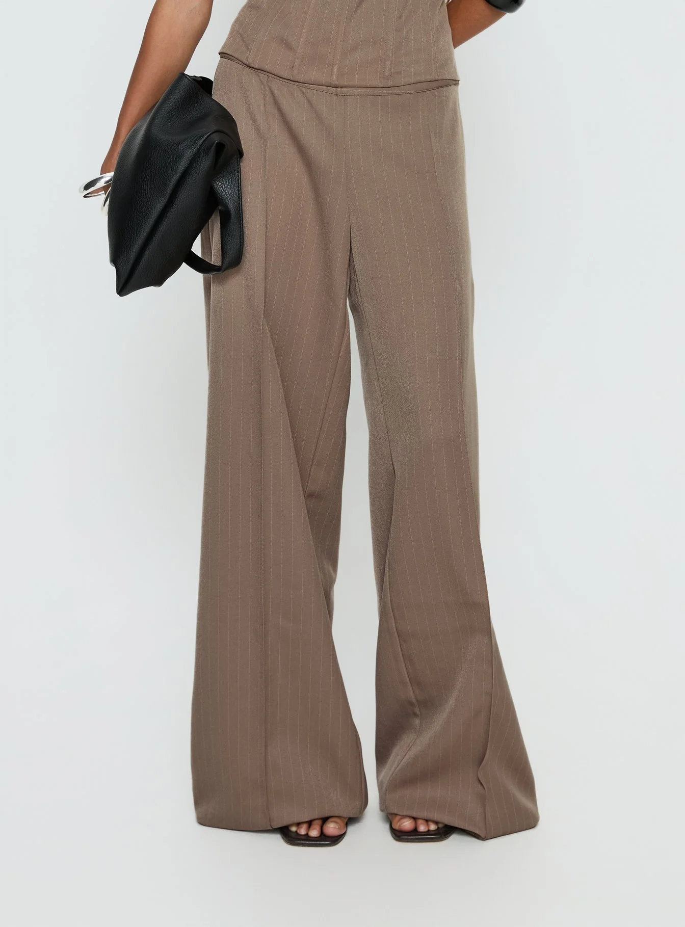 Madelle Mid Rise Straight Leg Pants Brown Pinstripe