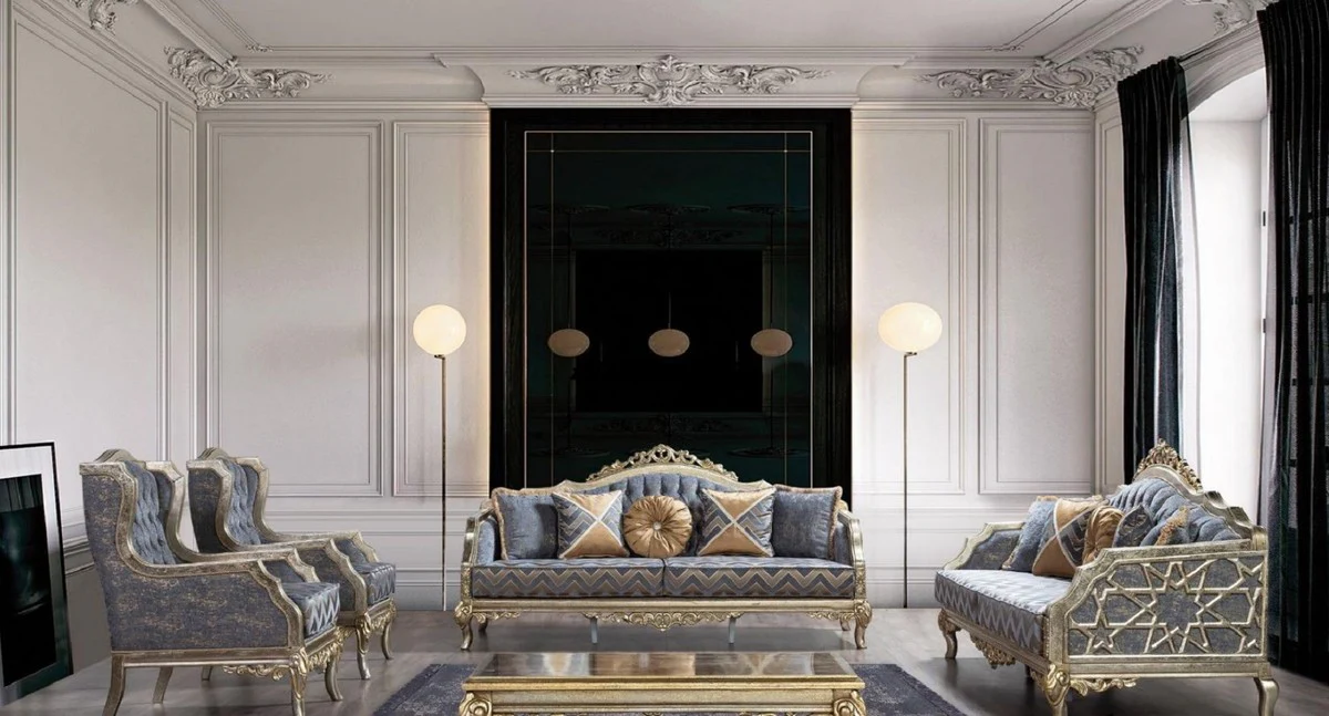 Luxury Baroque Living Room Set Blue / Silver / Gold - 2 Baroque Sofas with Pattern & 2 Baroque Armchairs with Pattern & 1 Baroque Coffee Table - Baroque Living Room Furniture
