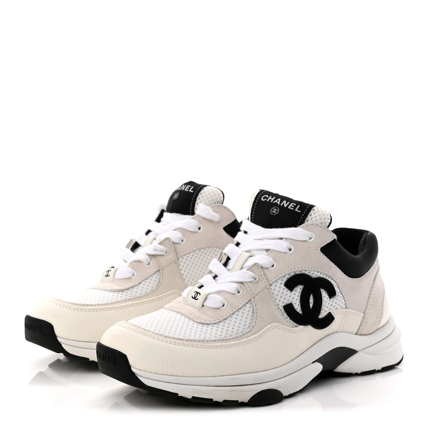 Mesh Suede Calfskin Grained Calfskin Womens CC Sneakers 37.5 White Black - Top Club