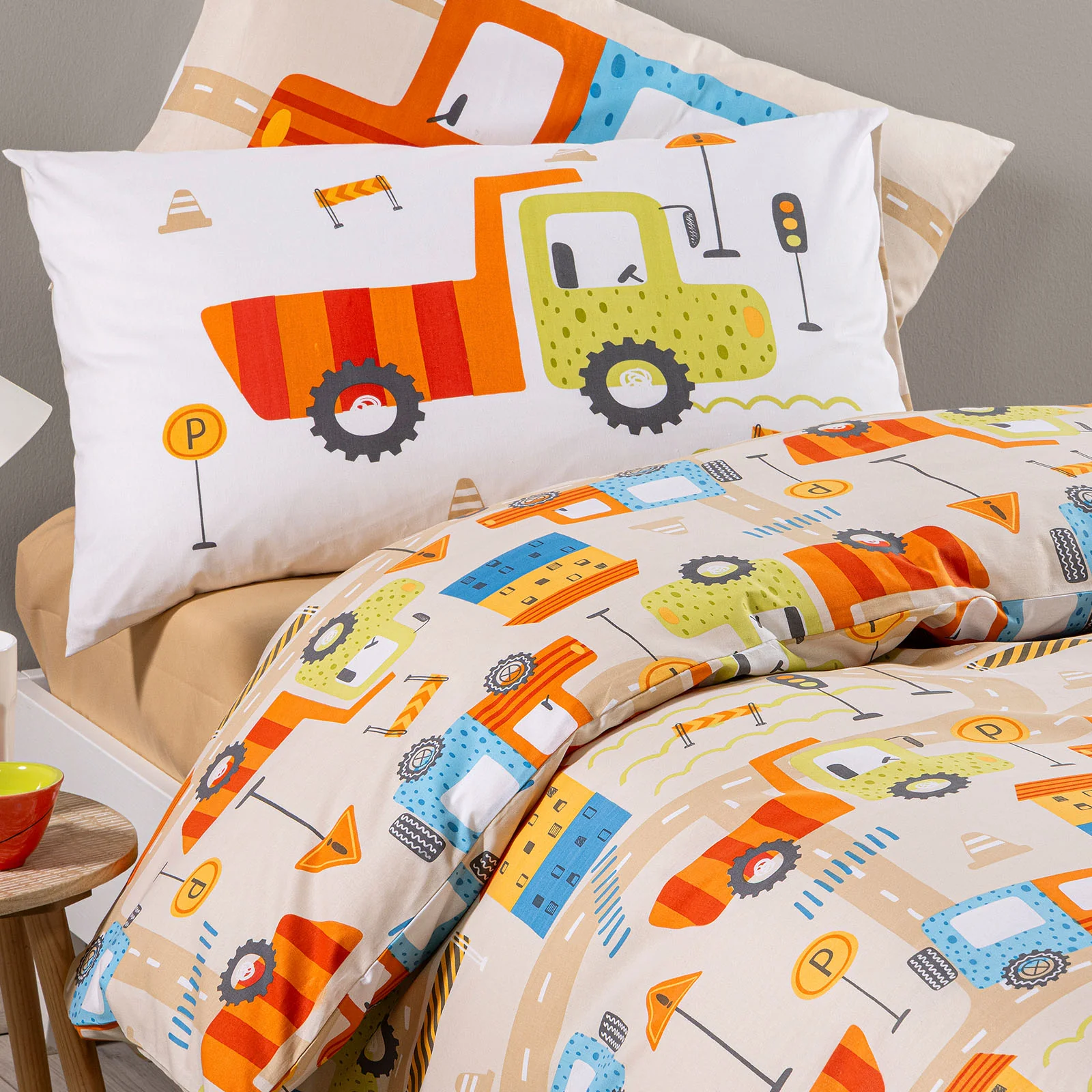 Copripiumino Con Federe In Cotone City Car Piazza E Mezza Beige Caleffi Kids