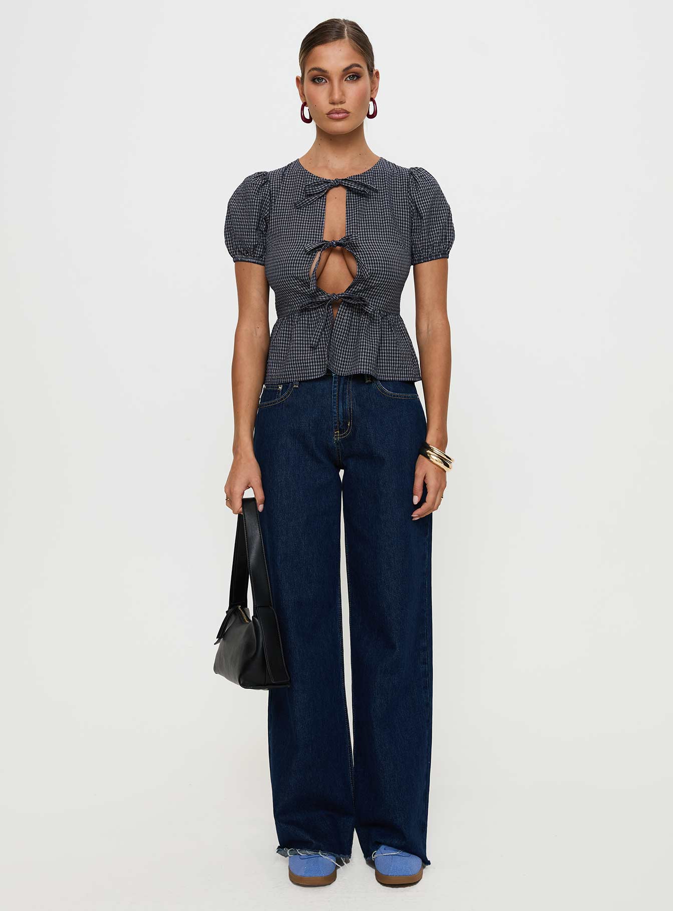 Verah Tie Up Puff Sleeve Top Navy Check