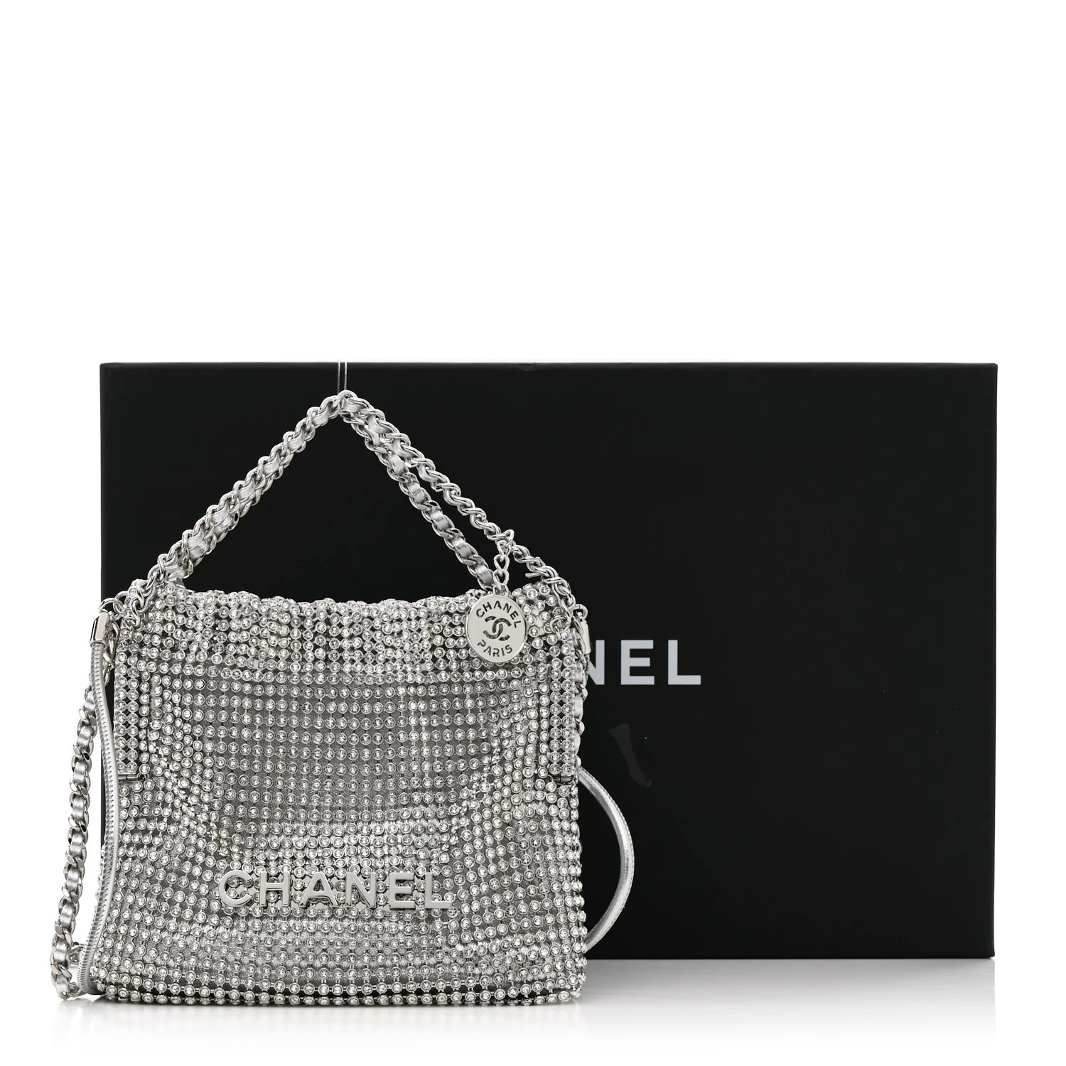 Crystal Embellished Metallic Lambskin Mini Chanel 22 Silver - Top Club