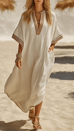 Women's Striped Trim Cotton-Blend Kaftan Dress - Nordfashionstorm - Women's Clothing, Fashion for You - Nordfashionstorm.com