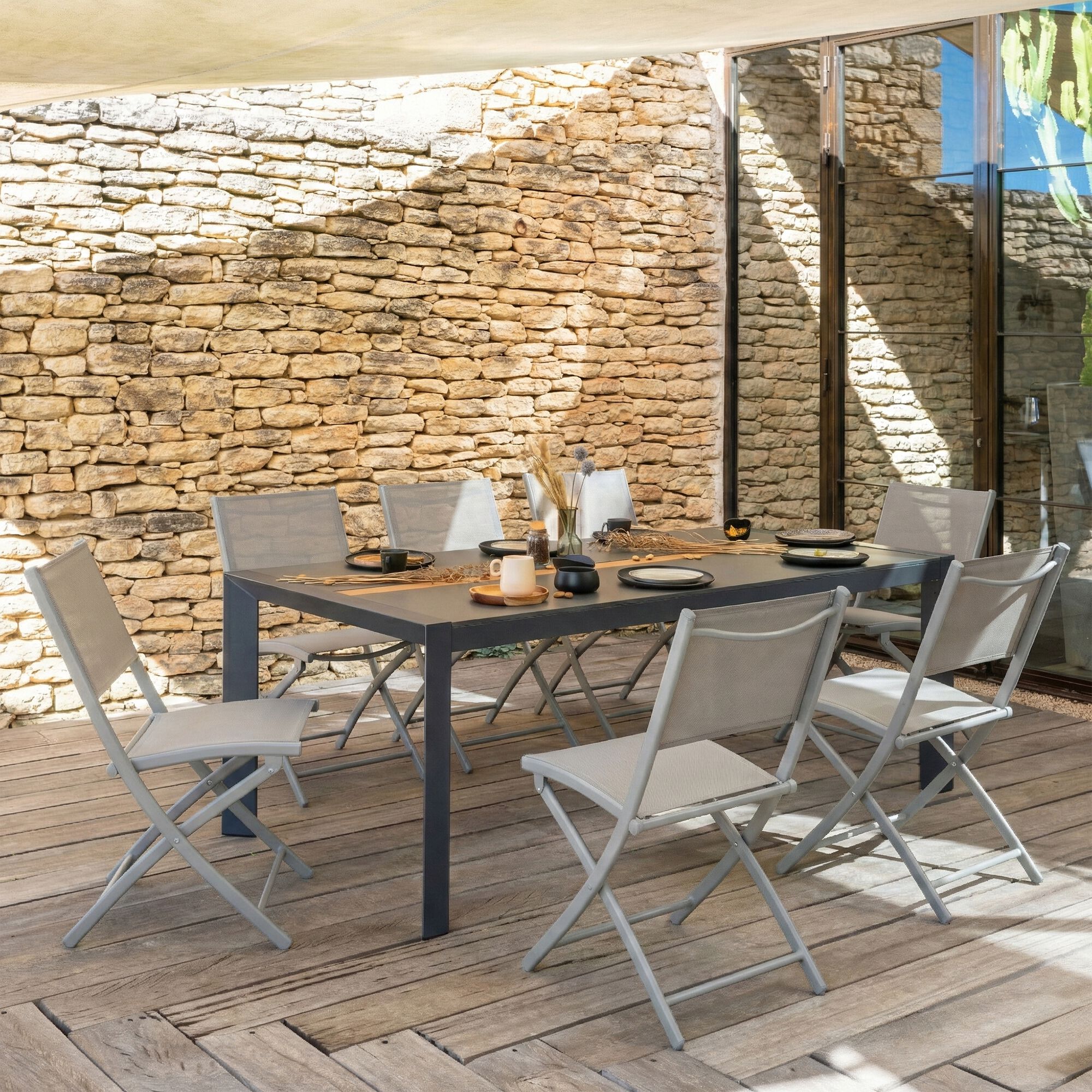 MASSIMO / LIMONE - Ensemble table et chaises de jardin en duraboard, métal et textilène - noir et gris vésuve (8 places)