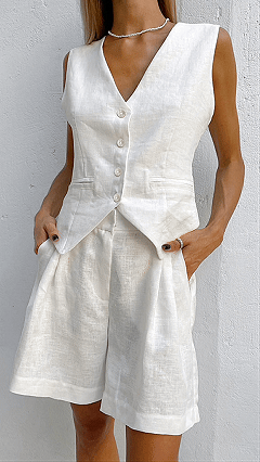 Women's Cotton-Linen Blend V-Neck Waistcoat & High-Waisted Shorts Set - Nordfashionstorm - Women's Clothing, Fashion for You - Nordfashionstorm.com