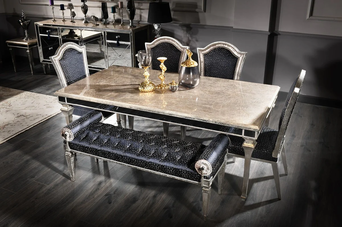 Luxury baroque dining table antique silver 200 x 112 x H. 85 cm - solid wood kitchen table with mirror glass - elegant dining room furniture in baroque style