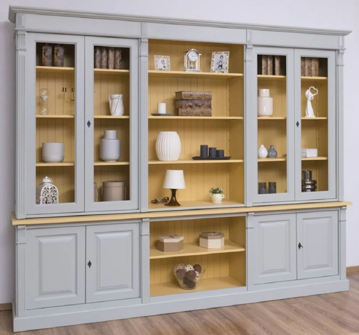 Country house style living room cabinet gray / yellow 286 x 51 x H. 228 cm - solid wood cabinet - bookcase - shelf cabinet - country house style furniture