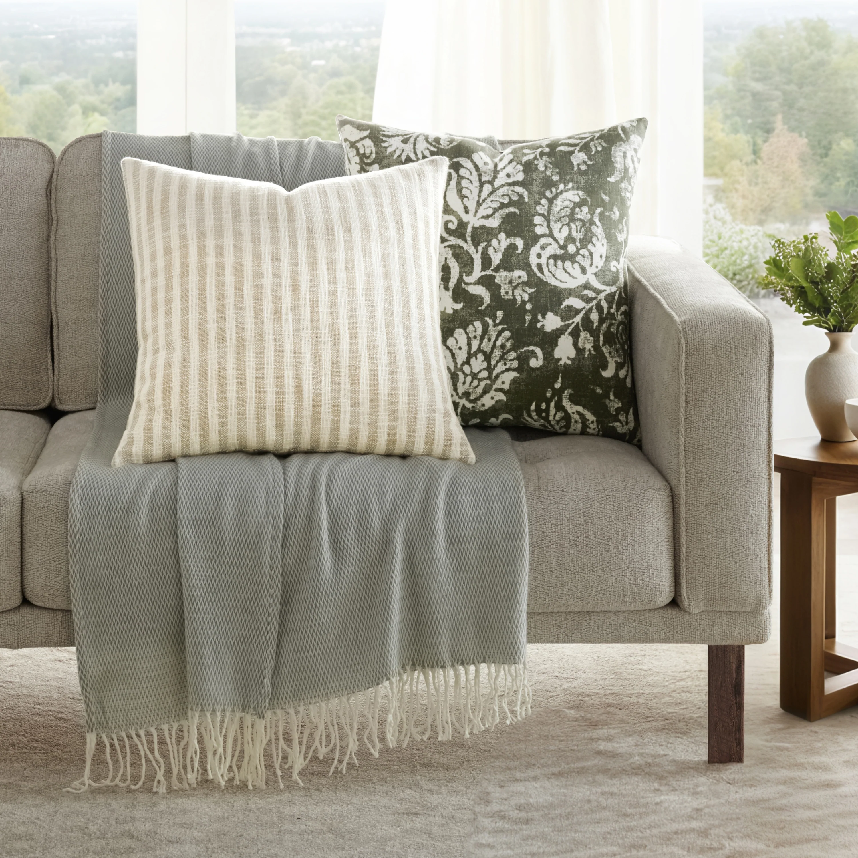 2-Pack Yarn-Dyed Bengal Stripe / Distressed Floral Décor Throw Pillows