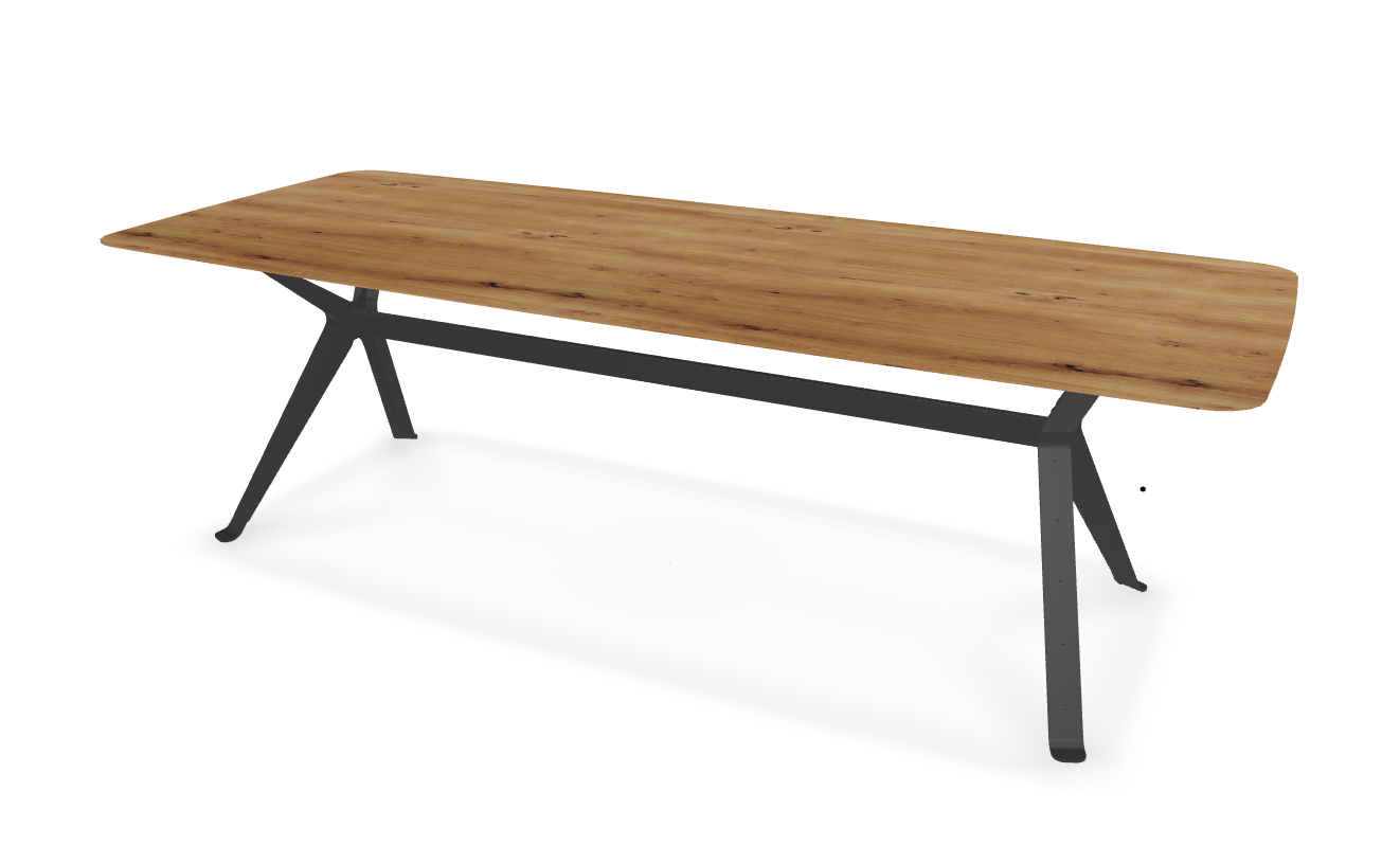 They & Me eettafel Chat – bootsvorm – eiken rustiek lak – onderstel RAL9017 verkeerszwart 240 x 100 x 75 | Eiken Rustiek lak | Verjongde Rand | Frame RAL9017 verkeerszwart