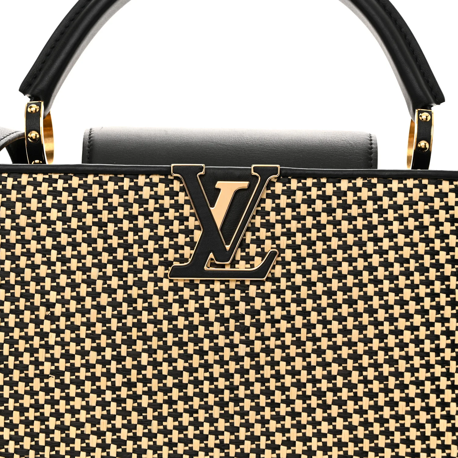 Raffia Calfskin Capucines MM Black Ecru - Top Club