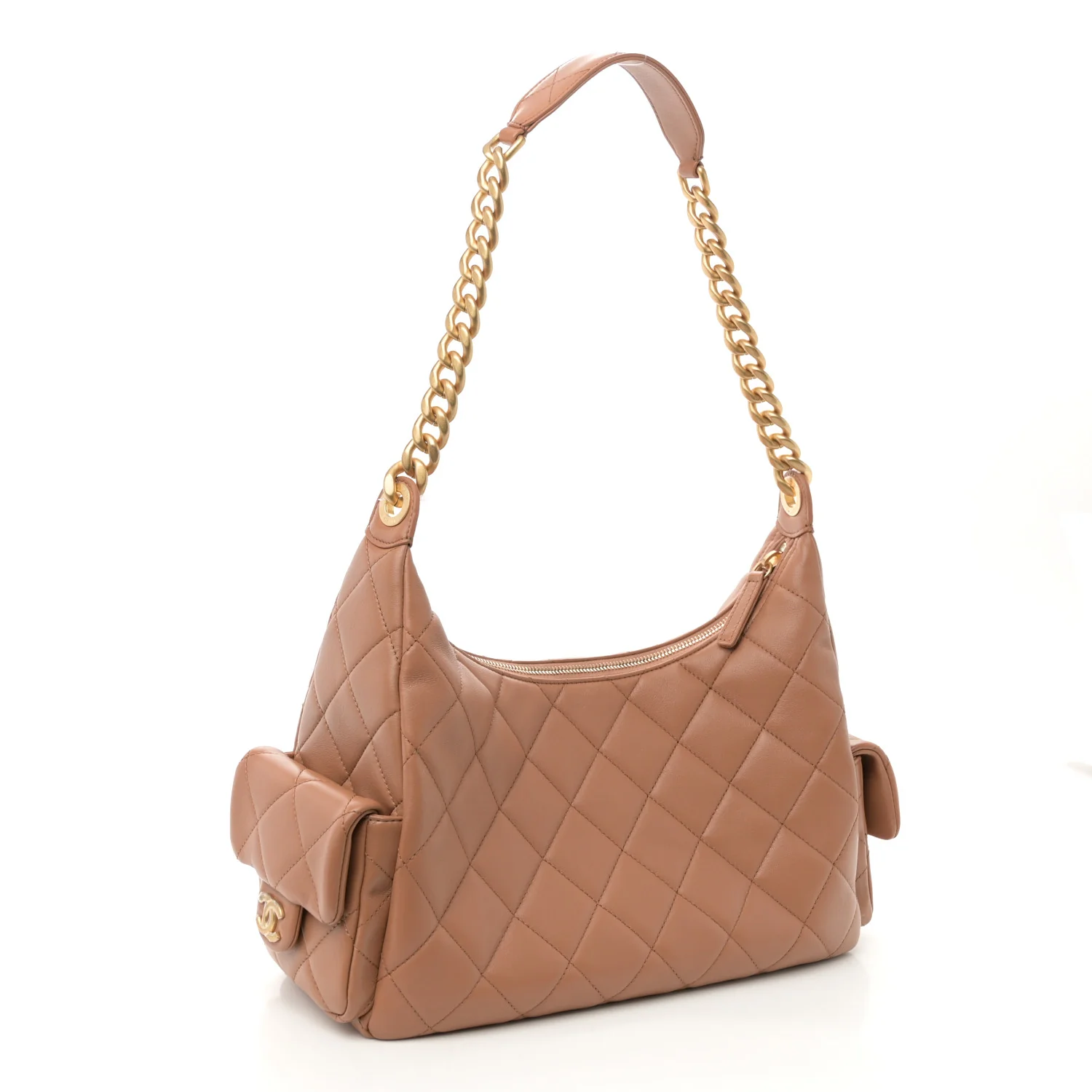 Shiny Lambskin Quilted Trendy Pockets Hobo Brown - Top Club