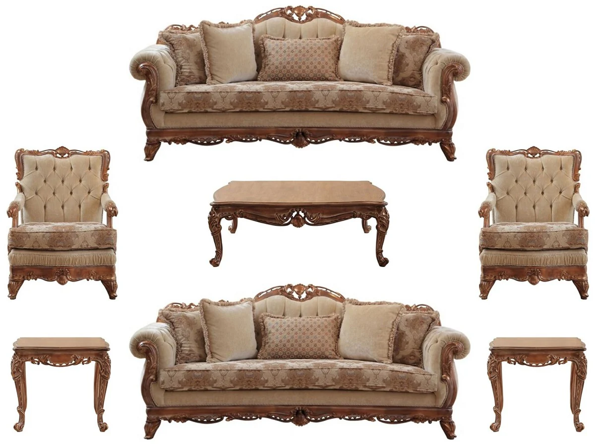 Luxury Baroque Living Room Set Beige / Brown - 2 Sofas & 2 Armchairs & 1 Coffee Table & 2 Side Tables - Handcrafted Living Room Furniture in Baroque Style - Noble & Magnificent