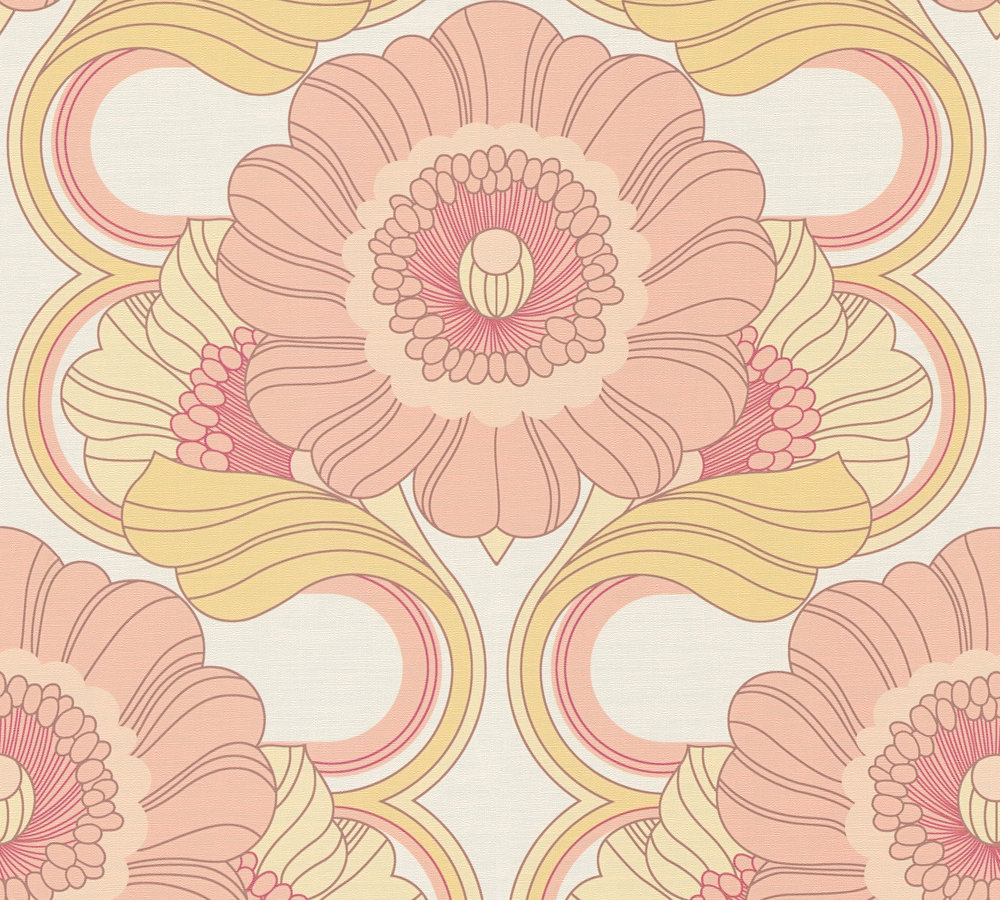 Retro bloemmotief met een lichte structuur – geel, roze, wit Bloemen retro behang met een lichte structuur – geel, roze, wit #1