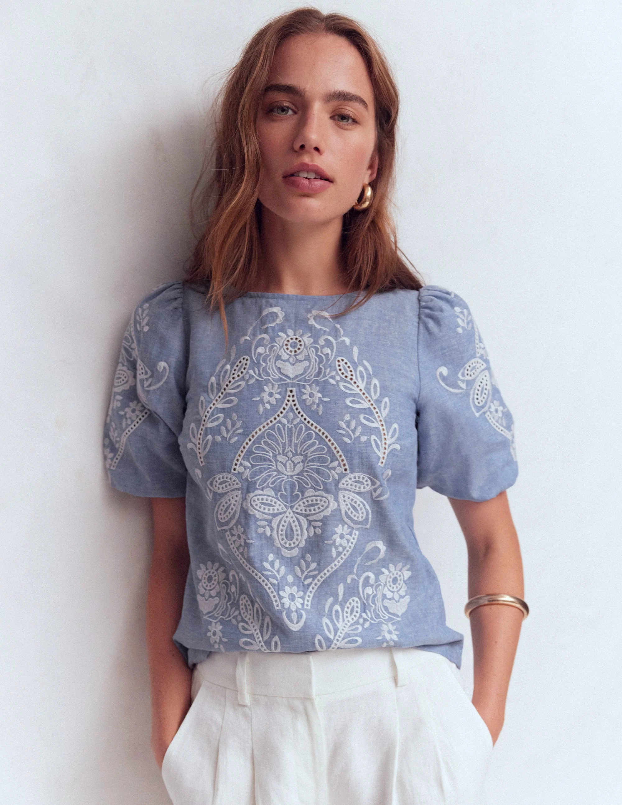 Oberteil aus Leinen mit Puffärmeln-Blauer Faux-Uni
