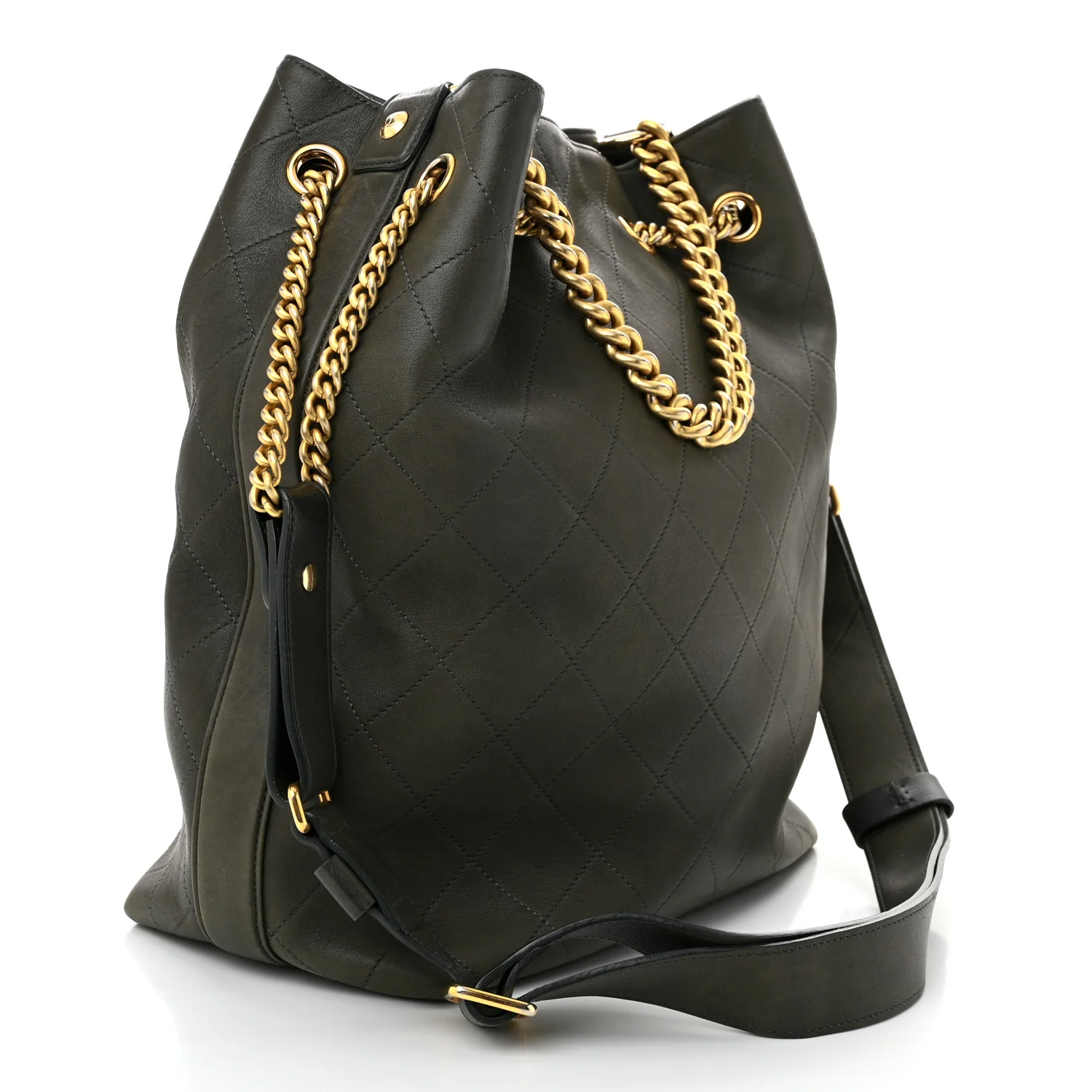 Calfskin Quilted Small On My Shoulder Drawstring Bag Dark Green - Top Club