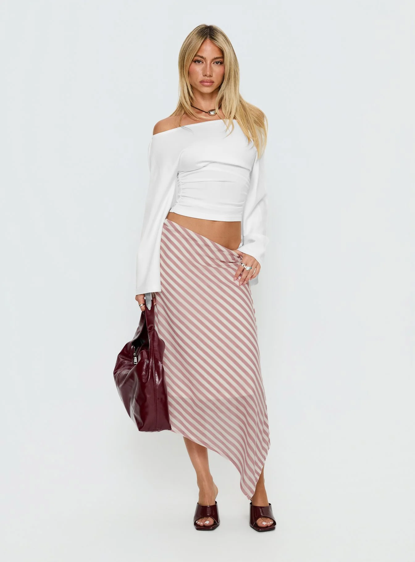 Gwenora Asymmetrical Midi Skirt Pink Stripe