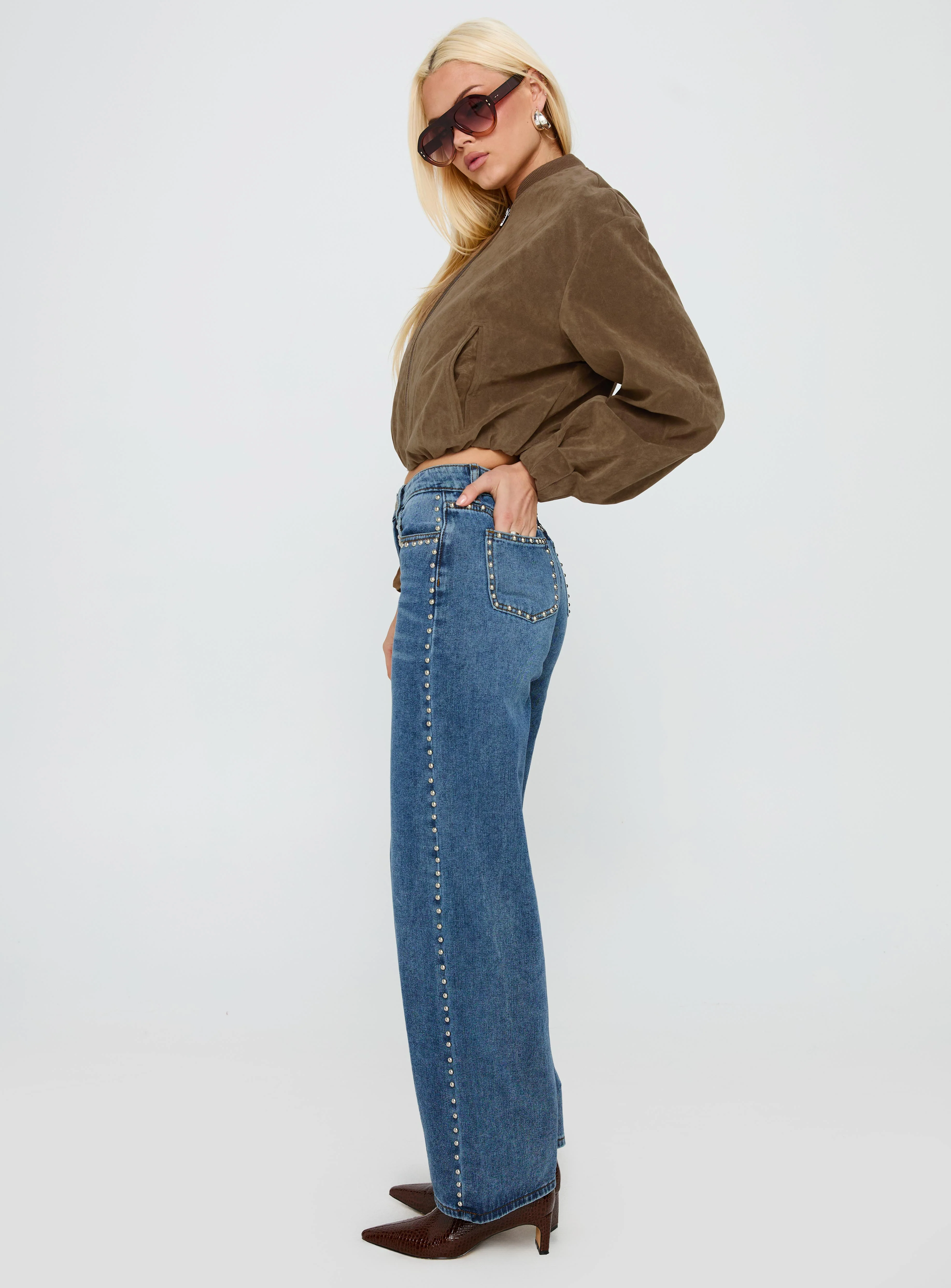 Saving Up Mid Rise Straight Leg Studded Jeans Mid Blue