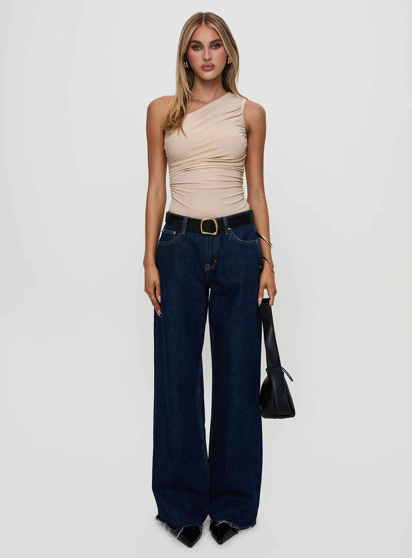 Heston Asymmetrical Ruched Bodysuit Beige