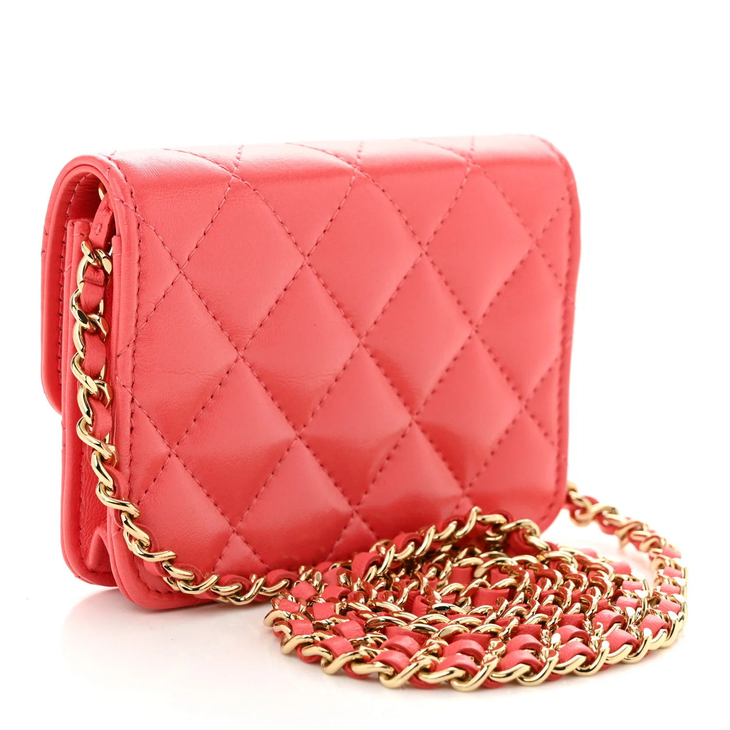 Shiny Lambskin Quilted Card Holder On Chain Pink - Top Club