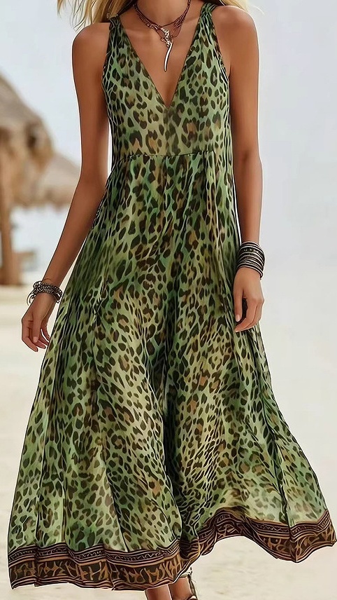 Women's Leopard Print Casual Sleeveless V-Neck Dress - Nordfashionstorm - Women's Clothing, Fashion for You - Nordfashionstorm.com