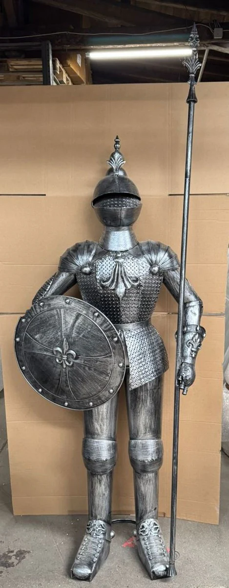 Decorative knight's armor with shield & lance antique silver H. 247 cm