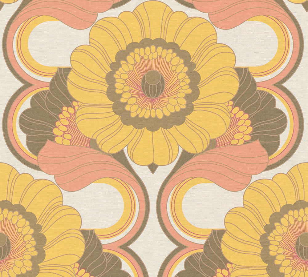 Retro bloemmotief  - geel, oranje, bruin, rood, beige Retro bloemenbehang - geel, oranje, bruin, rood, beige #1