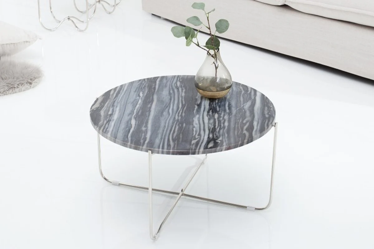 Designer side table with marble top Ø 60 cm gray / silver H. 33 cm - unique