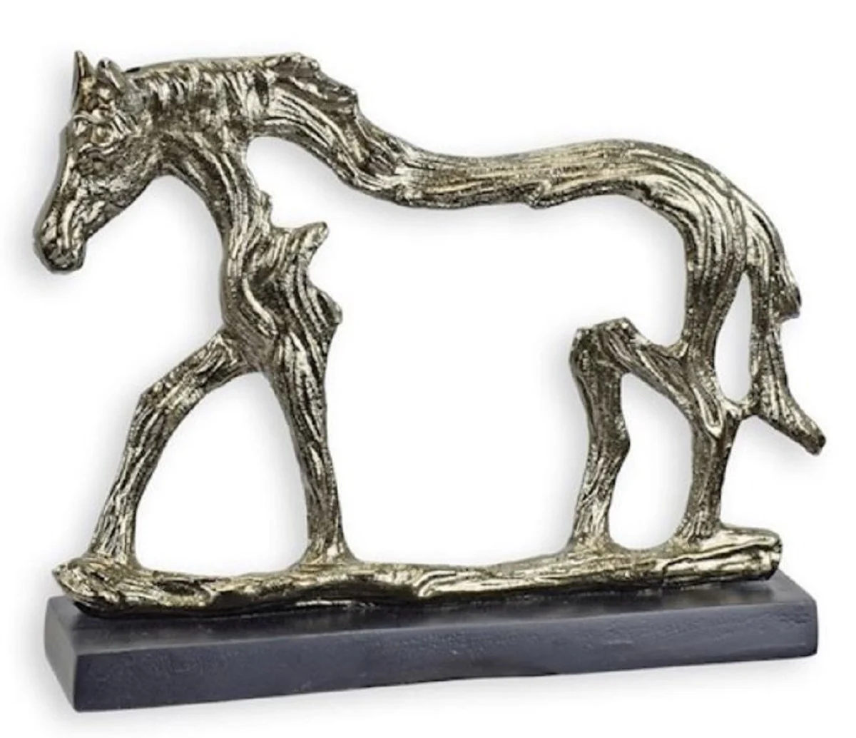 Luxury aluminum decorative sculpture horse silver / gray 27.8 x 6.5 x H. 21.2 cm - aluminum decorative figure with wooden base - living room decoration - desk decoration