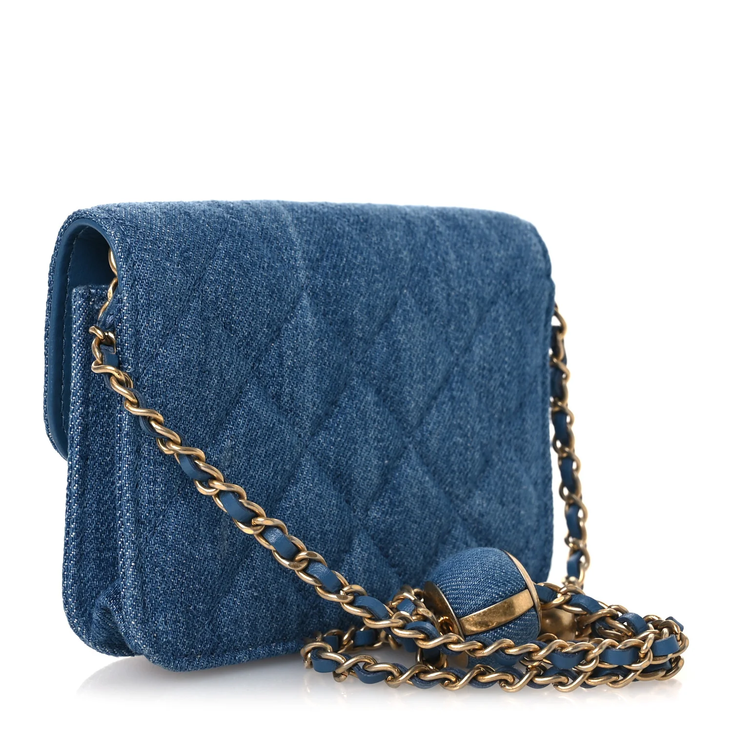 Denim Quilted CC Pearl Crush Clutch With Chain Blue - Top Club